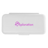 A compact white pill organiser featuring a purple logo.