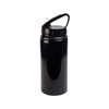 A drink bottle in black with a flip straw lid and a handle, featuring a logo or branding.