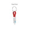 A red magnetic charging cable attached to a keyring, featuring a silver connector and a logo.
