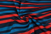 A fabric with red and blue horizontal stripes, showcasing a smooth, polyester texture.