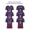 A set of three navy and maroon t-shirts featuring sublimated designs, with space for names and numbers.