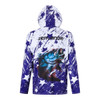 A sublimated 1/4 zip fishing hood shirt in purple and white, featuring a fish graphic and star patterns, with a logo.