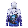 A hooded fishing shirt in white with blue and purple star patterns featuring a large fish graphic and a zip collar.
