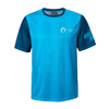 A blue and teal 100% polyester sublimated tee shirt with short sleeves and a logo on the front.