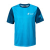 A blue and teal 100% polyester sublimated T-shirt featuring a logo on the front.