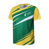 A vibrant yellow and green sport t-shirt featuring dynamic patterns and a logo. Made from 100% polyester.