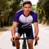 A cycling jersey with a unisex design featuring short raglan sleeves, in purple and white, with a logo.