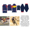 Men's long sleeve cycling jersey in blue and red, featuring a logo, with various cutting options shown.