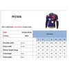 A men's long sleeve cycling jersey in blue with a sublimated design and a logo, features sizing details.