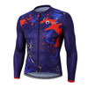 A men's long sleeve cycling jersey featuring a vibrant blue and red splatter design with a logo.