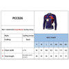 A men's long sleeve cycling jersey in blue and red with a logo, featuring sizing information and a style chart.
