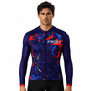 Men's long sleeve cycling jersey in navy blue with vibrant red and blue splatter design, featuring a logo.