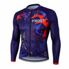A men's long sleeve cycling jersey in navy, featuring a colourful splatter design with a logo.