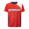 A red and navy reversible sports jersey with a geometric pattern and a logo featuring the word "SPONSOR."