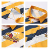 A button-up shirt in blue, yellow, and white with a volleyball logo and palm tree design. Features a collar and buttons.