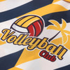A vibrant Hawaiian shirt featuring yellow and navy stripes, with a volleyball graphic and palm tree design.