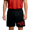 Unisex adults' running shorts in black with a red logo and an elastic waistband, paired with a red and black striped top.