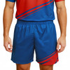Unisex adults' soccer shorts in blue with red accents, featuring an elastic waistband and a logo.