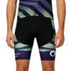 Men's sublimated cycling shorts featuring a mix of green, navy, and black colours with a logo on the side.