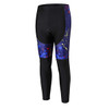 Men's sublimated cycling tights in black with blue and multi-coloured splatter details, featuring a logo.