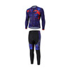 Men's sublimated cycling tights featuring a vibrant purple design with abstract patterns and a matching long-sleeve jersey.