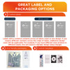 A layout featuring custom label options and eco-friendly packaging, with multiple tags displayed for product design.