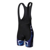 Men's cycling bib shorts in black and blue with a vibrant sublimated design and a logo on the side.