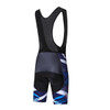 Men's sublimated cycling bib shorts featuring a black and blue design with a mesh back and padded seat.
