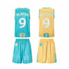 Reversible basketball shorts in turquoise and yellow, featuring a logo, with matching sleeveless tops.