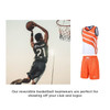 A pair of reversible basketball shorts in orange with a mesh texture, displayed alongside a matching sleeveless top.
