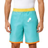 A pair of men's polyester beach shorts in turquoise with a yellow waistband and orange trim, featuring logos.