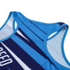 A blue and navy sports singlet featuring a logo and a subtle striped design.