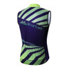 A men's sublimated cycling vest in navy and green with a geometric design and a back pocket. Features a logo.