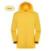 A yellow unisex adult jacket made of 100% polyester, featuring sun protection and a hood. Includes a logo.