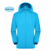 A water blue unisex adult jacket made of 100% polyester with a hood and sun protection feature. Logo present.