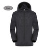 A black unisex jacket made of 100% polyester, featuring a hood and sun protection, with a smooth finish.
