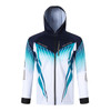 A hooded jacket in white, navy, and teal featuring a sublimated design and a logo. Made from 100% polyester.