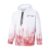 A white polyester spandex hoodie with a gradient red design and pocket, featuring a logo on the chest.