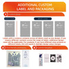 A visual guide displaying custom labels, eco-friendly packaging, and hangtags for product branding and sizes.