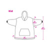 A kids' wearable blanket illustration in white, featuring a hoodie, pocket, and measurements for size.