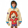A wearable blanket in cream with a cartoon character design, featuring a blue hood and floral accents.