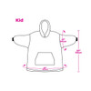 A line drawing of a kids' wearable blanket, featuring a hood, large front pocket, and measurements in pink.