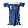 A blue and colourful sublimated front wear blanket with a fluffy white lining and a logo on it.