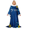 A plush, navy blue blanket with a hood, featuring colourful patterns and a logo. Ideal for comfort and warmth.