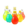 A drink bottle collection featuring bulb-shaped plastic bottles in vibrant green, blue, orange, red, and yellow. Each has a metal cap.