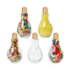 A drink bottle shaped like a bulb, featuring a variety of colourful beads and a gold-coloured lid.