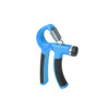A blue adjustable hand grip with a spring mechanism and black textured handles, featuring a control dial.