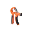 An orange and black adjustable hand grip with a spring mechanism and textured handles. It features a logo.