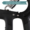 A close-up of a black adjustable hand grip made from polycarbonate and thermoplastic rubber with a spring mechanism.