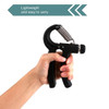 A black adjustable hand grip with a coiled spring, held in a hand, featuring a logo on the handle.